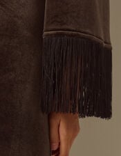Tegan Long Sleeve Fringe Velvet Maxi Dress, Brown (CHOCOLATE), large