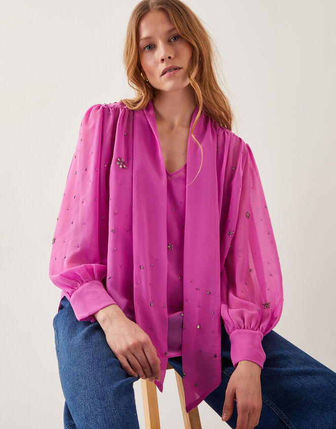 Candice Embellished Pussybow Blouse, Pink (PINK), large