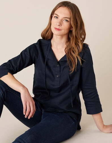 Millie Shirt in Pure Linen Blue, Blue (NAVY), large