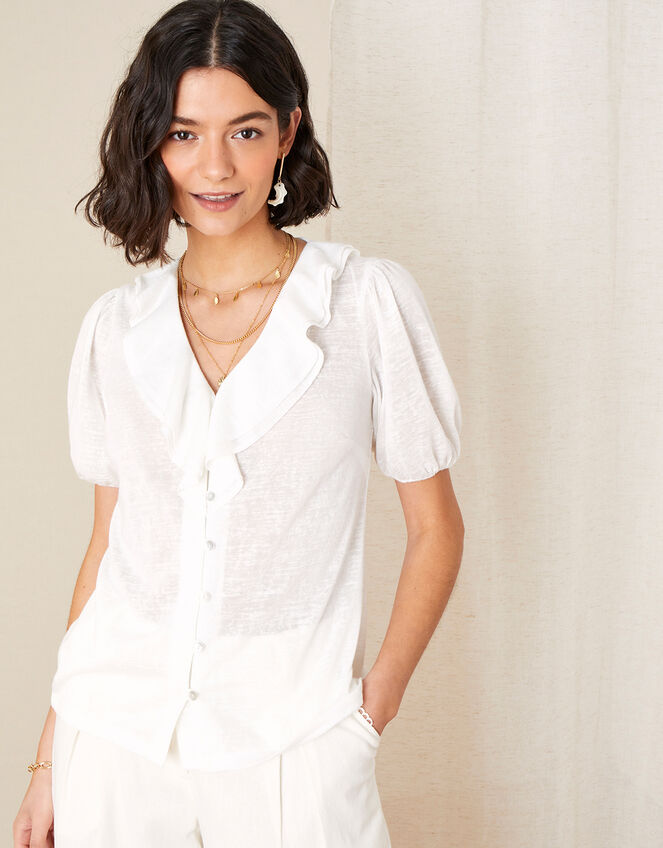 Leandra Ruffle Collar Jersey Blouse, Ivory (IVORY), large