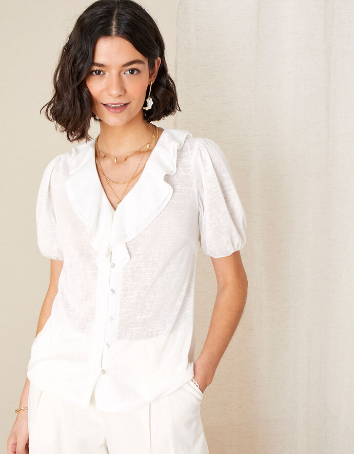 Leandra Ruffle Collar Jersey Blouse Ivory | Tops & T-shirts | Monsoon UK.