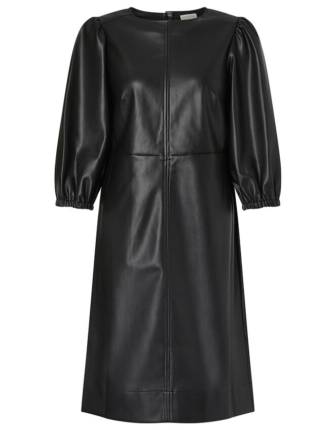 Round Neck Leather-Look Dress, Black (BLACK), large