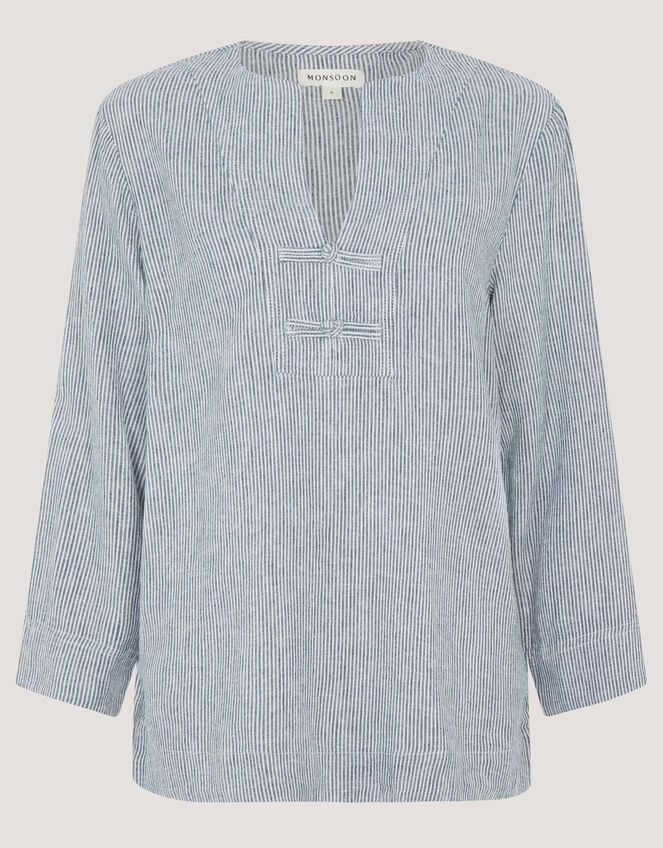 Alexis Stripe Linen-Blend Top, Blue (NAVY), large
