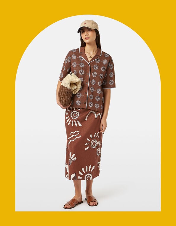 Abstract Print Midi Wrap Skirt, Brown (BROWN), large
