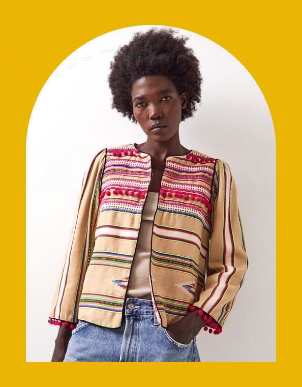 East Dayse Woven Pom Pom Jacket, Natural (STONE), large