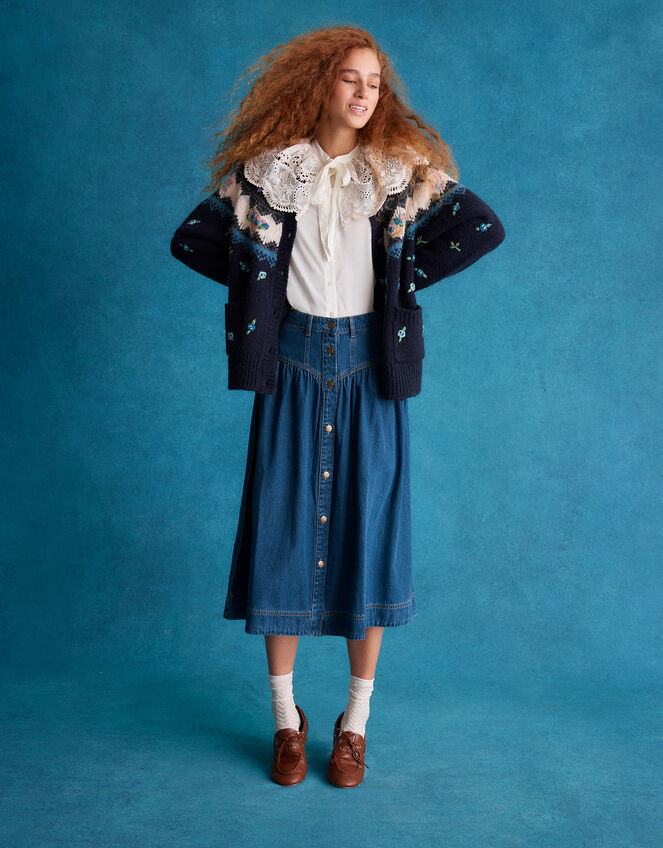 Tamsin Button Denim Midi Skirt  Blue