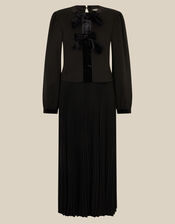 Emilee Velvet Bow Pleated Midi Dress, Black (BLACK), large
