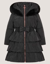 Taylor Bow Hooded Puffer Coat, Black (BLACK), large