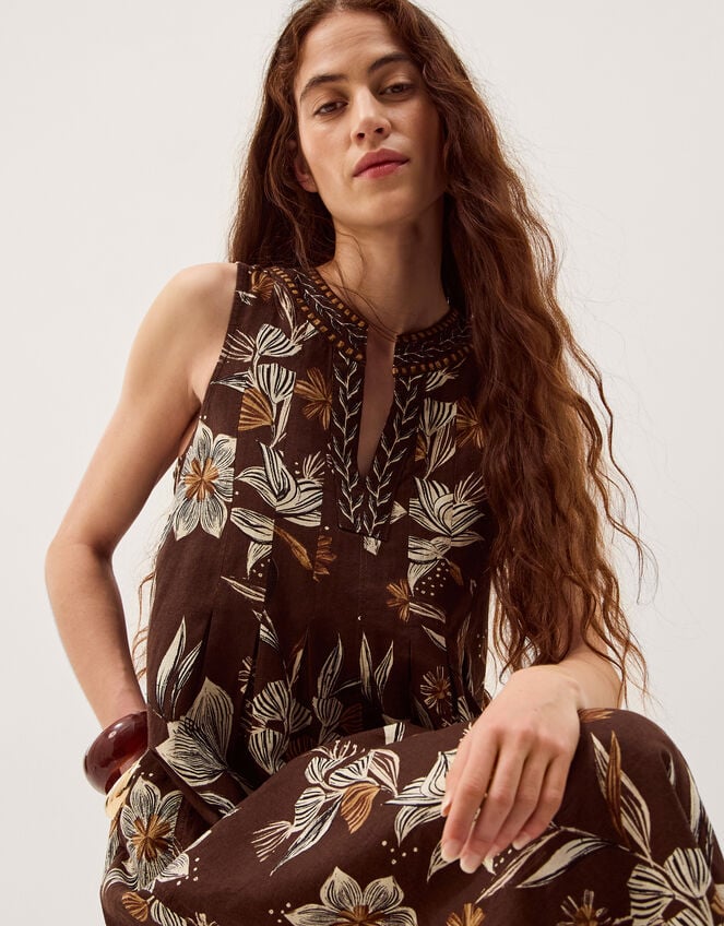 Esther Floral Linen Blend Midi Dress, Brown (CHOCOLATE), large