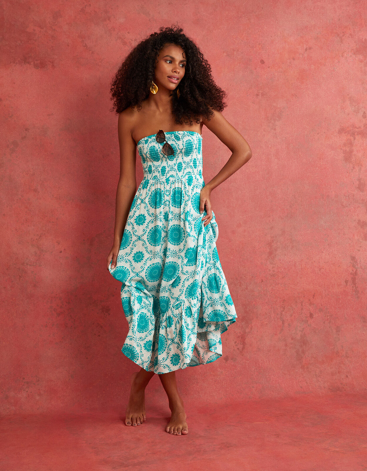 Medallion Tile Shirred Bandeau Dress Blue