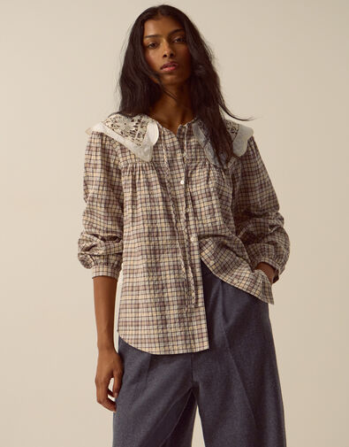 Thea Lace Collar Check Shirt, Brown (BROWN), large