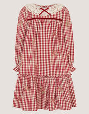 Lace Collar Embroidered Gingham Dress, Red (BURGUNDY), large