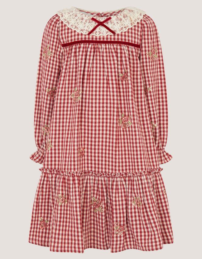 Lace Collar Embroidered Gingham Dress, Red (BURGUNDY), large