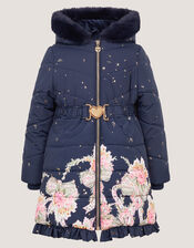 Aurora Floral Print Puffer Coat, Blue (NAVY), large