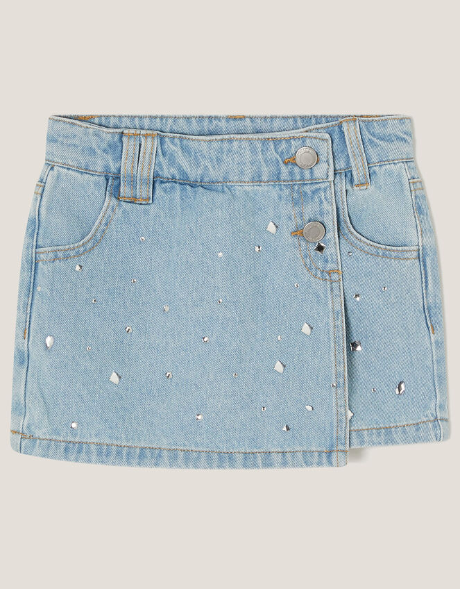 Jewel Embellished Denim Skort, Blue (BLUE), large
