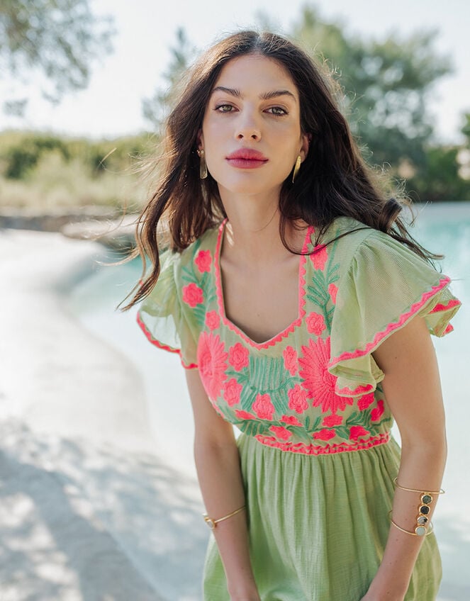 Piti Cuiti Floral Embroidered Maxi Dress, Green (GREEN), large