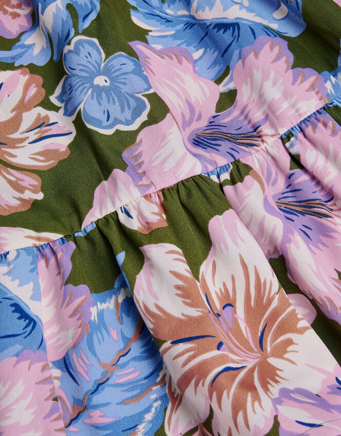 Floral Short Sleeve Cut Out Dress, Green (KHAKI), large