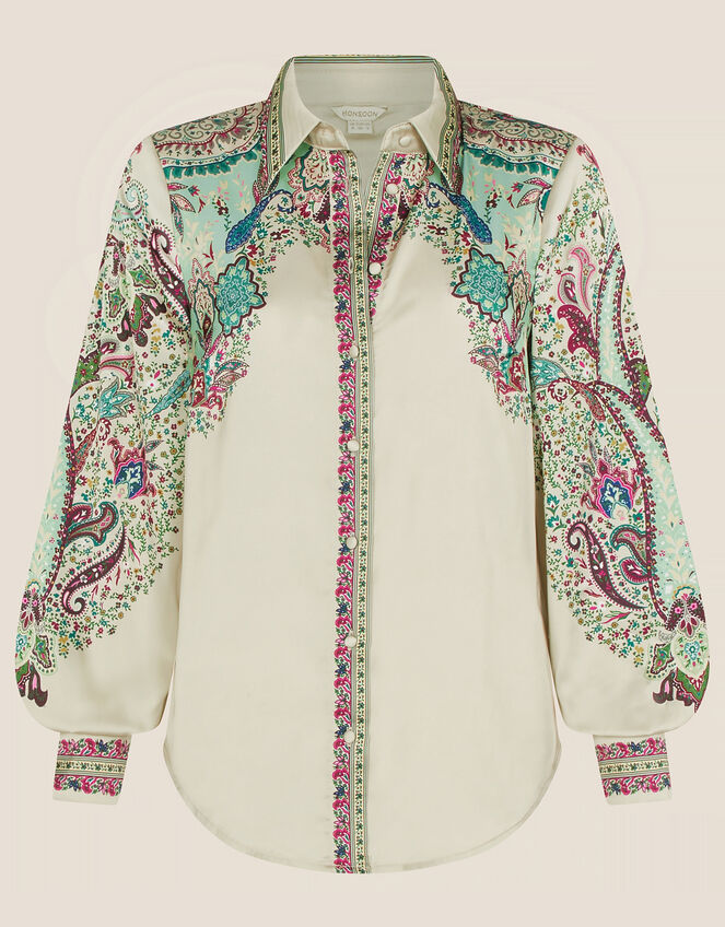 Phoebe Satin Print Shirt, Ivory (IVORY), large