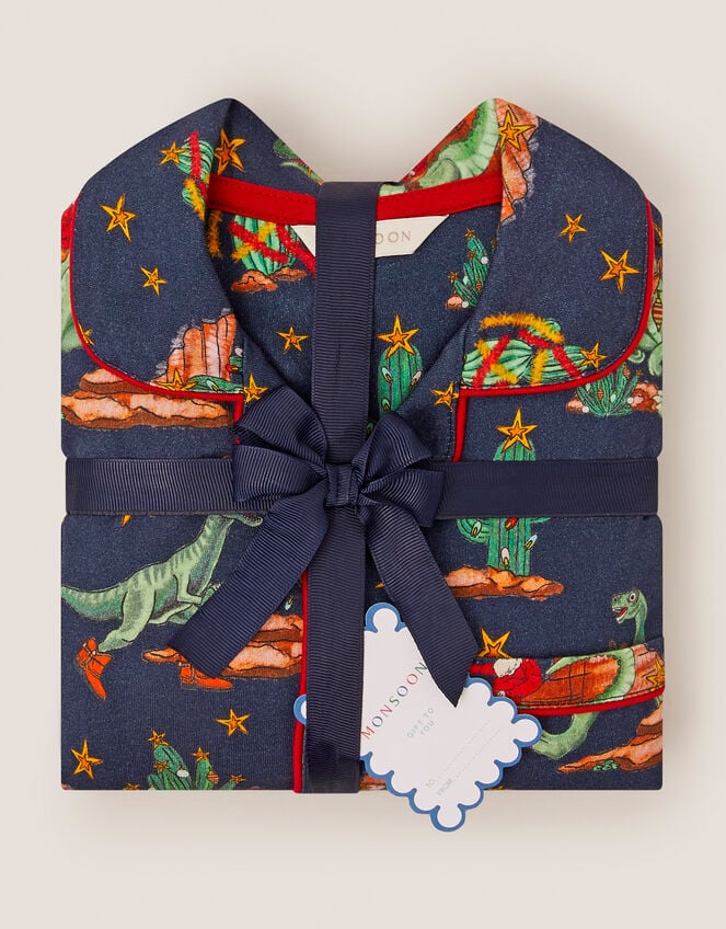 Christmas Dinosaur Print Long Pyjamas Set, Blue (NAVY), large
