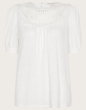 Crochet Frill Sleeve Top in Linen Blend, Ivory (IVORY), large