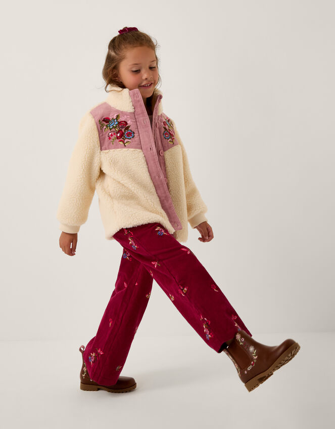 Floral Embroidered Faux Shearling Jacket, Ivory (IVORY), large