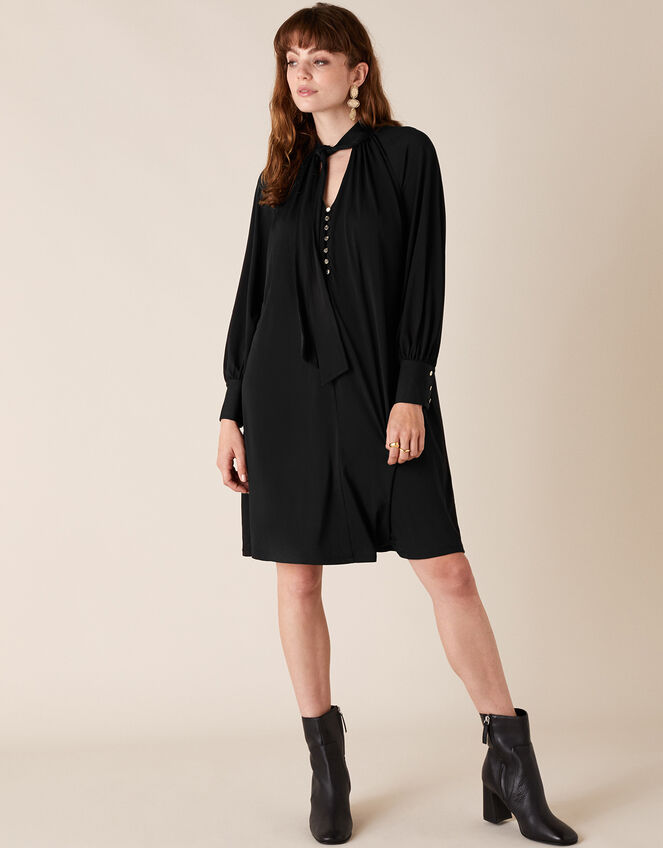 Tie-Neck Smart Short Jersey Dress, Black (BLACK), large