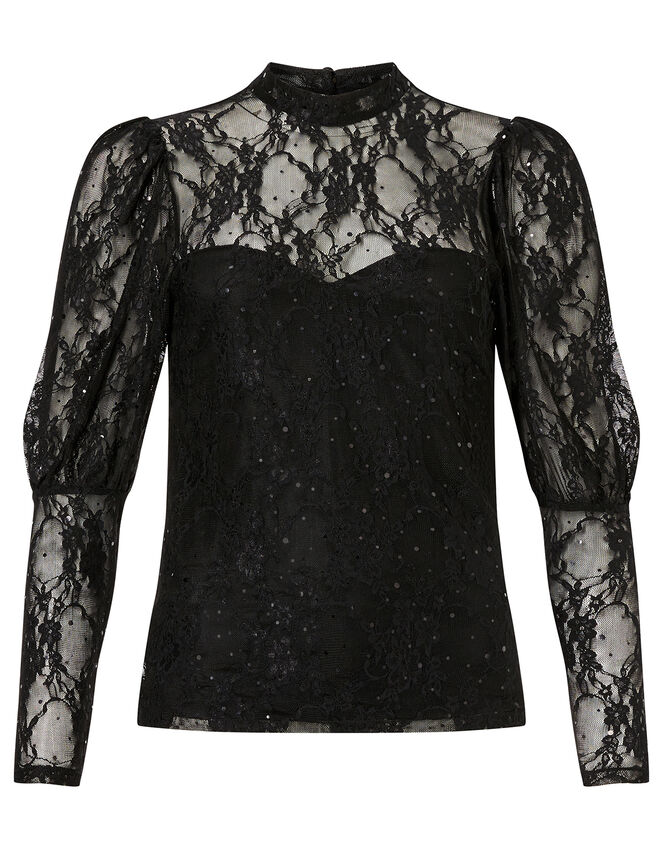 Layla Sequin Stretch Lace Top, Black (BLACK), large
