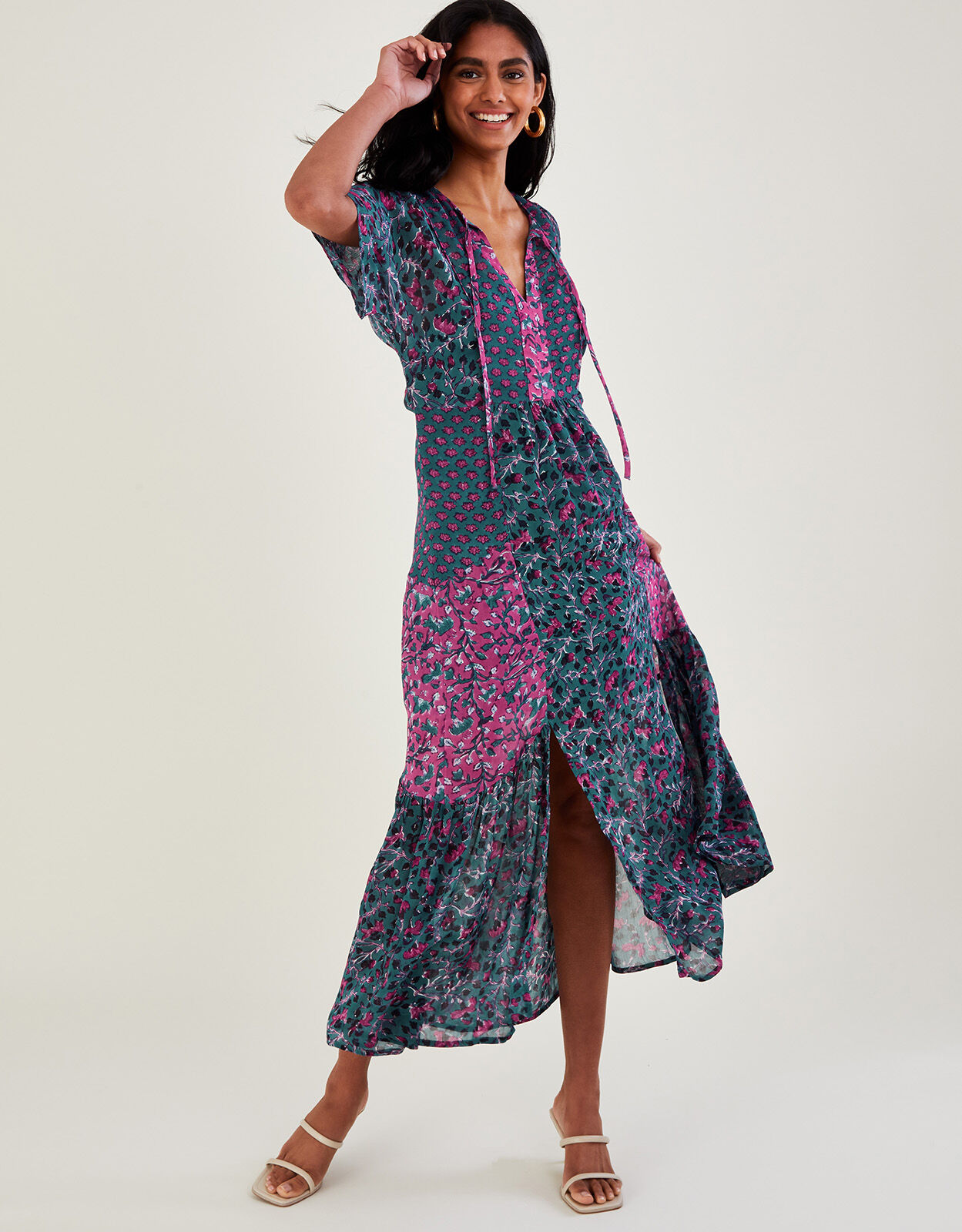 Artisan Bloom Print Short Sleeve Midi Dress Blue