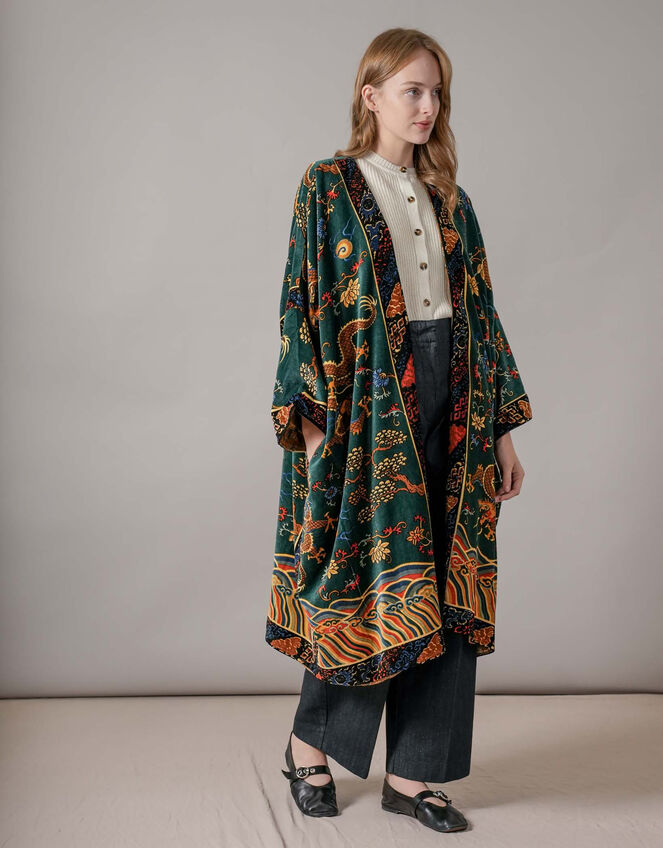 One Hundred Stars Velvet Dragon Print Kimono, , large