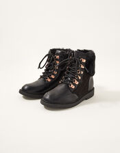 Quilted Fur Trim Lace-Up Boots, Black (BLACK), large
