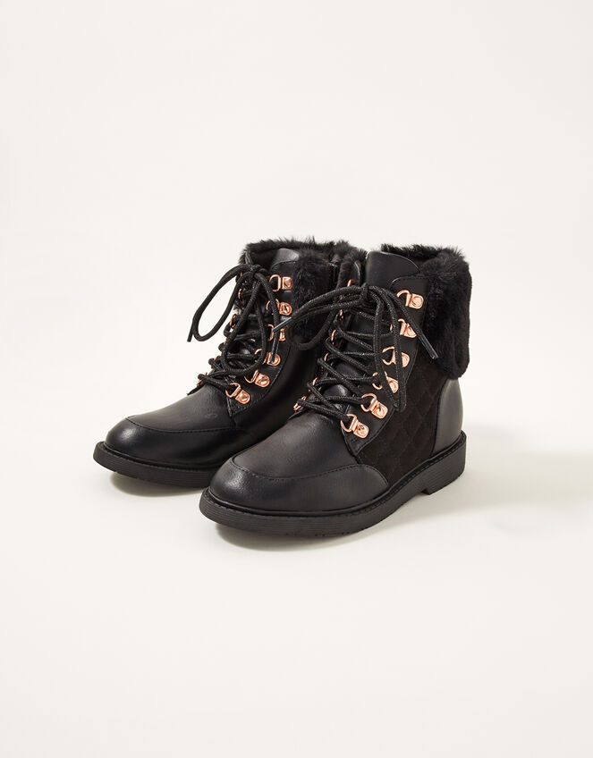 Quilted Fur Trim Lace-Up Boots, Black (BLACK), large