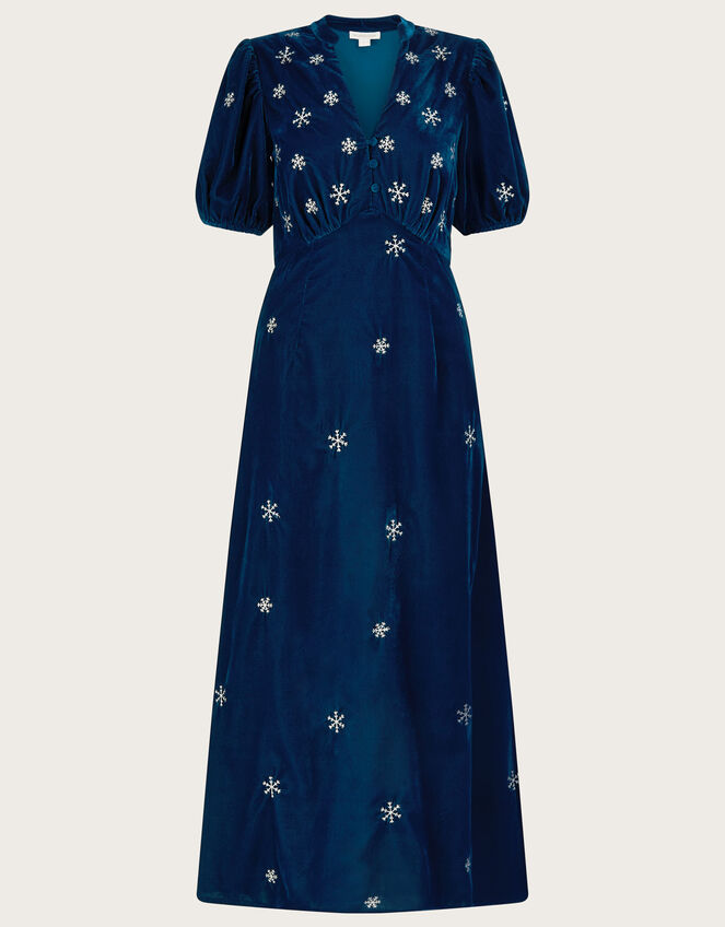Patrice Velvet Embroidered Tea Dress, Blue (COBALT), large