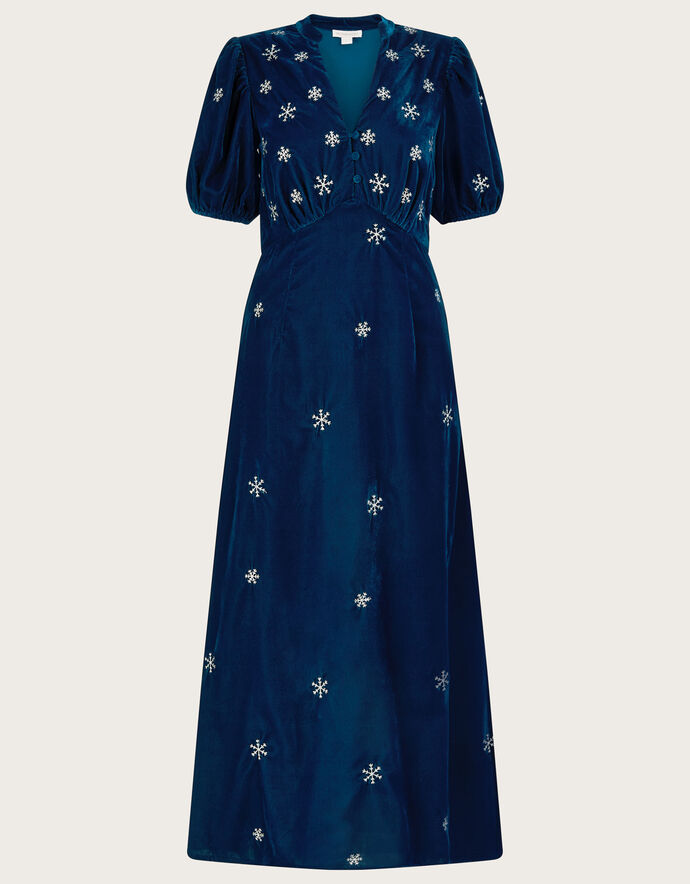 Patrice Velvet Embroidered Tea Dress Blue