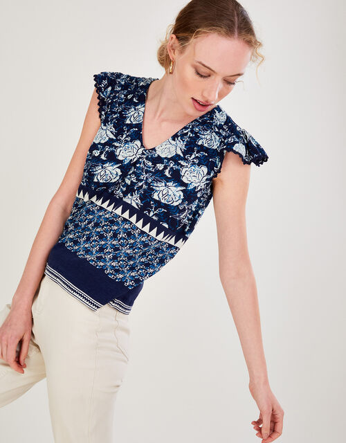 Floral Print Tier Jersey Top in Sustainable Cotton, Blue (NAVY), large