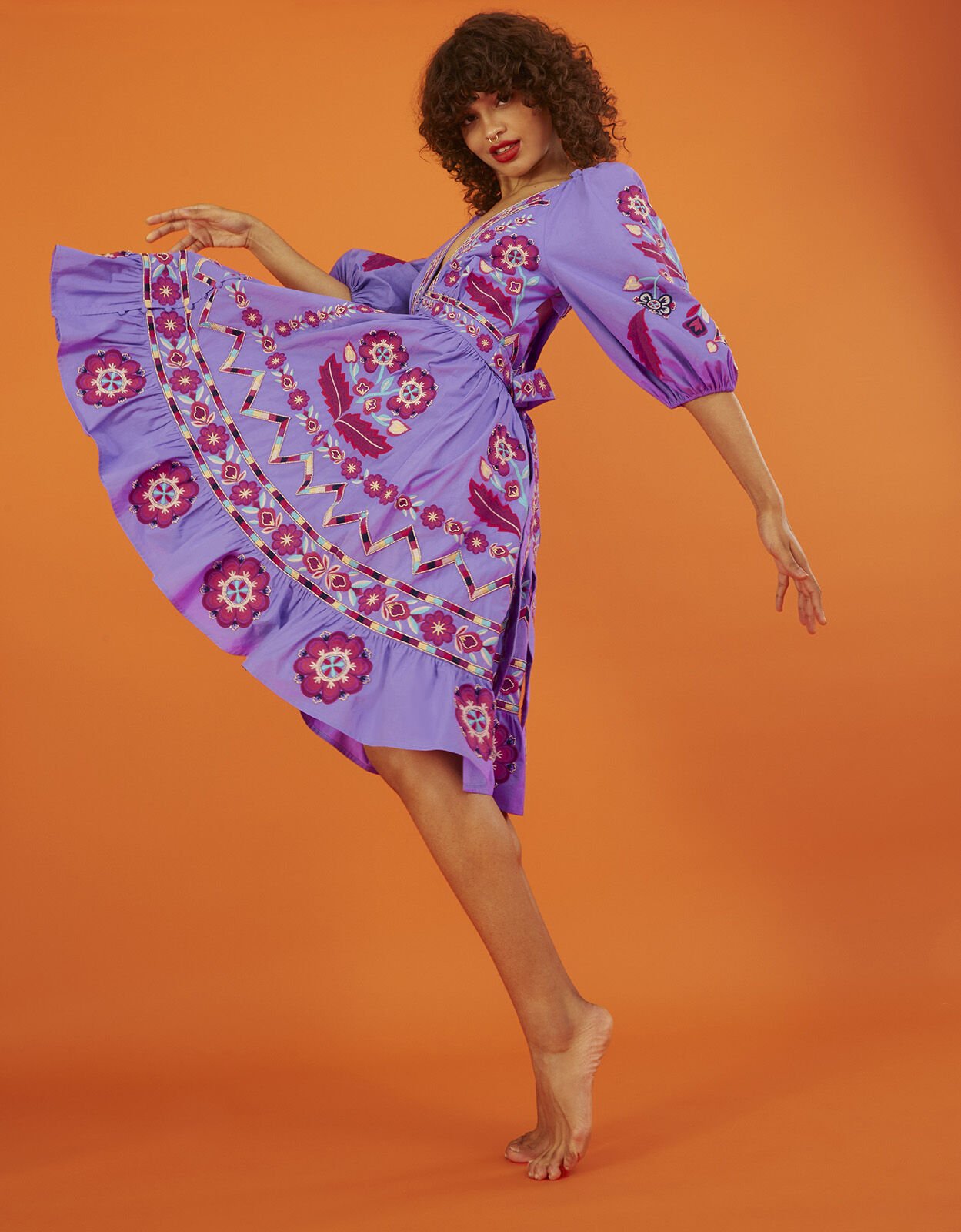 Serena Embroidered Knee Length Dress Purple