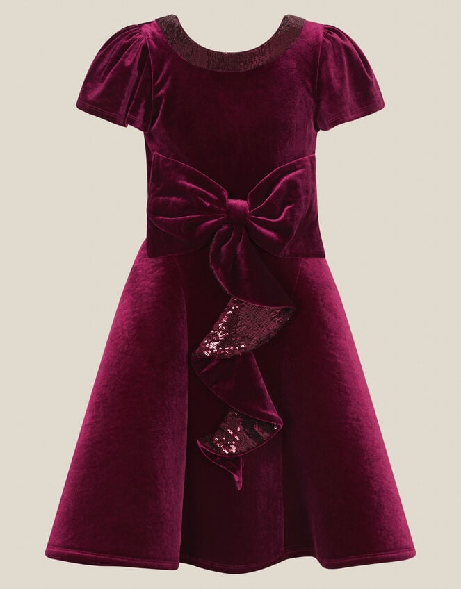 Genevieve Sequin Bow Velvet Party Dress, Red (BURGUNDY), large