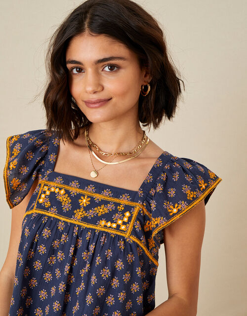 Embroidered Geo Print Top, Blue (BLUE), large
