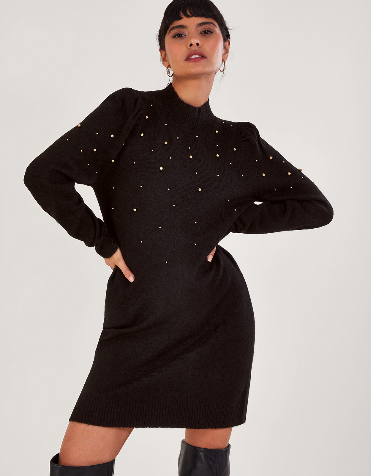 Black dress with pearls on neckline shop