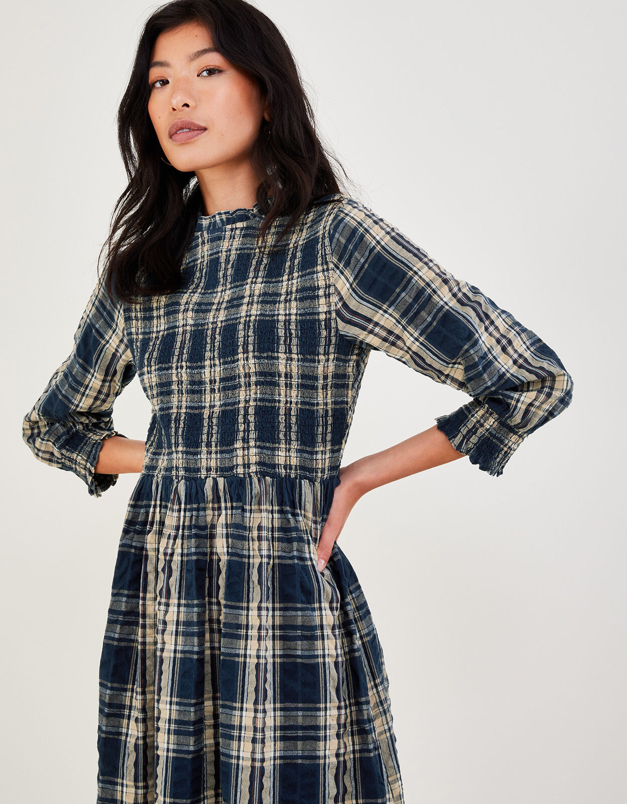 Check Shirred Seersucker Dress in Sustainable Cotton Blue