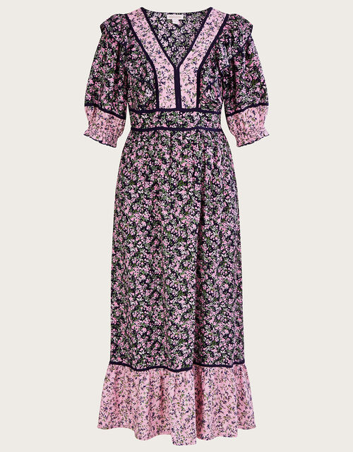 V Neck Blossom Print Dolly Dress, Purple (PURPLE), large