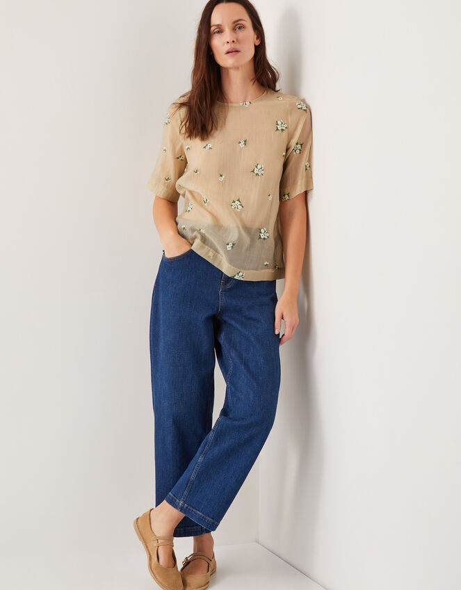 Sacha Short-Sleeve Embroidered Top, Gold (GOLD), large