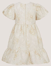 Josephine Puff Sleeve Jacquard Party Dress, Gold (GOLD), large