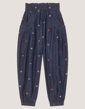 Embroidered Chambray Cuffed Trousers, Blue (BLUE), large