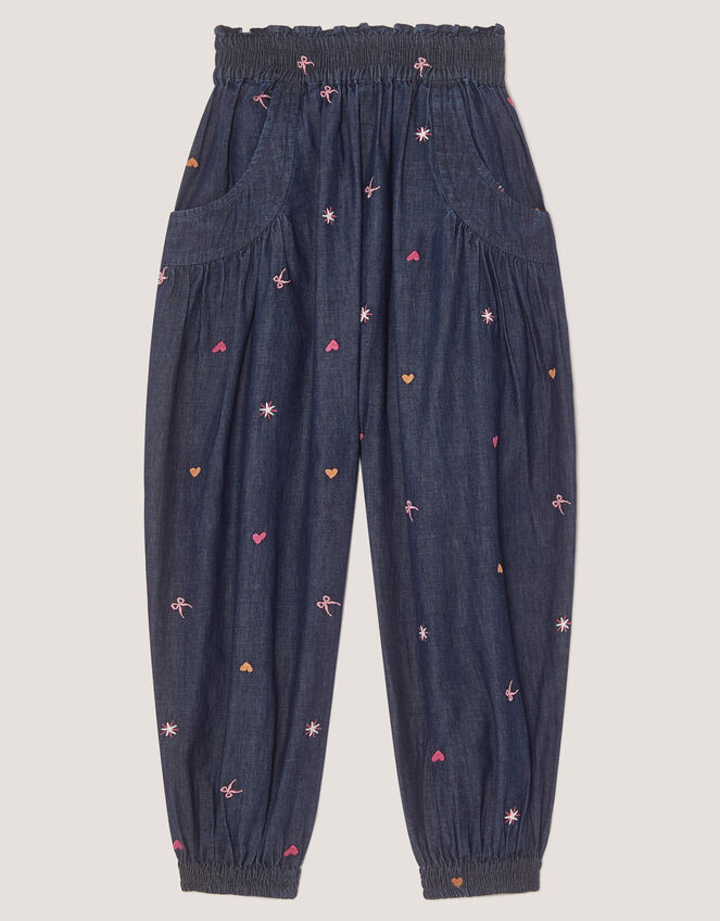 Embroidered Chambray Cuffed Trousers, Blue (BLUE), large