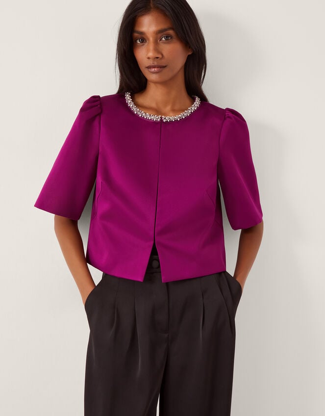 Saira Embellished Short Sleeve Satin Jacket, Pink (MAGENTA), large