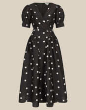 Amara Polka Dot Belted Midi Dress, Black (BLACK), large