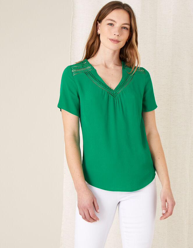 Lace Trim Woven Top, Green (GREEN), large