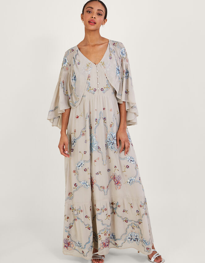 Seraphina Embroidered Cape Maxi Dress, Nude (NUDE), large