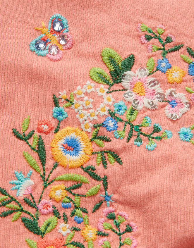 Floral Wreath Embroidered Sweatshirt, Orange (CORAL), large