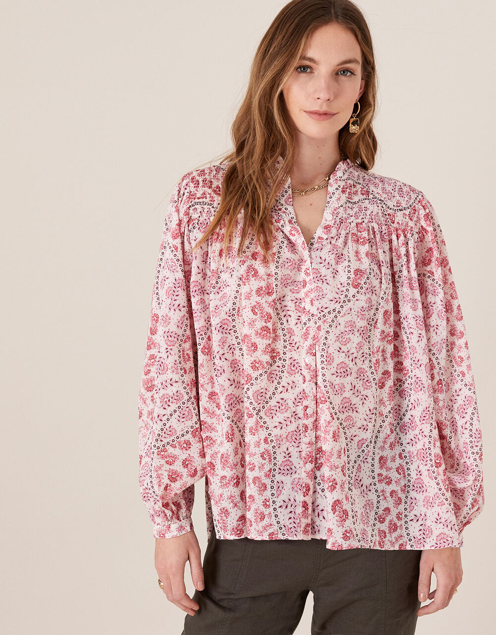 Printed Blouse in Pure Cotton Ivory Tops & Tshirts Monsoon UK.